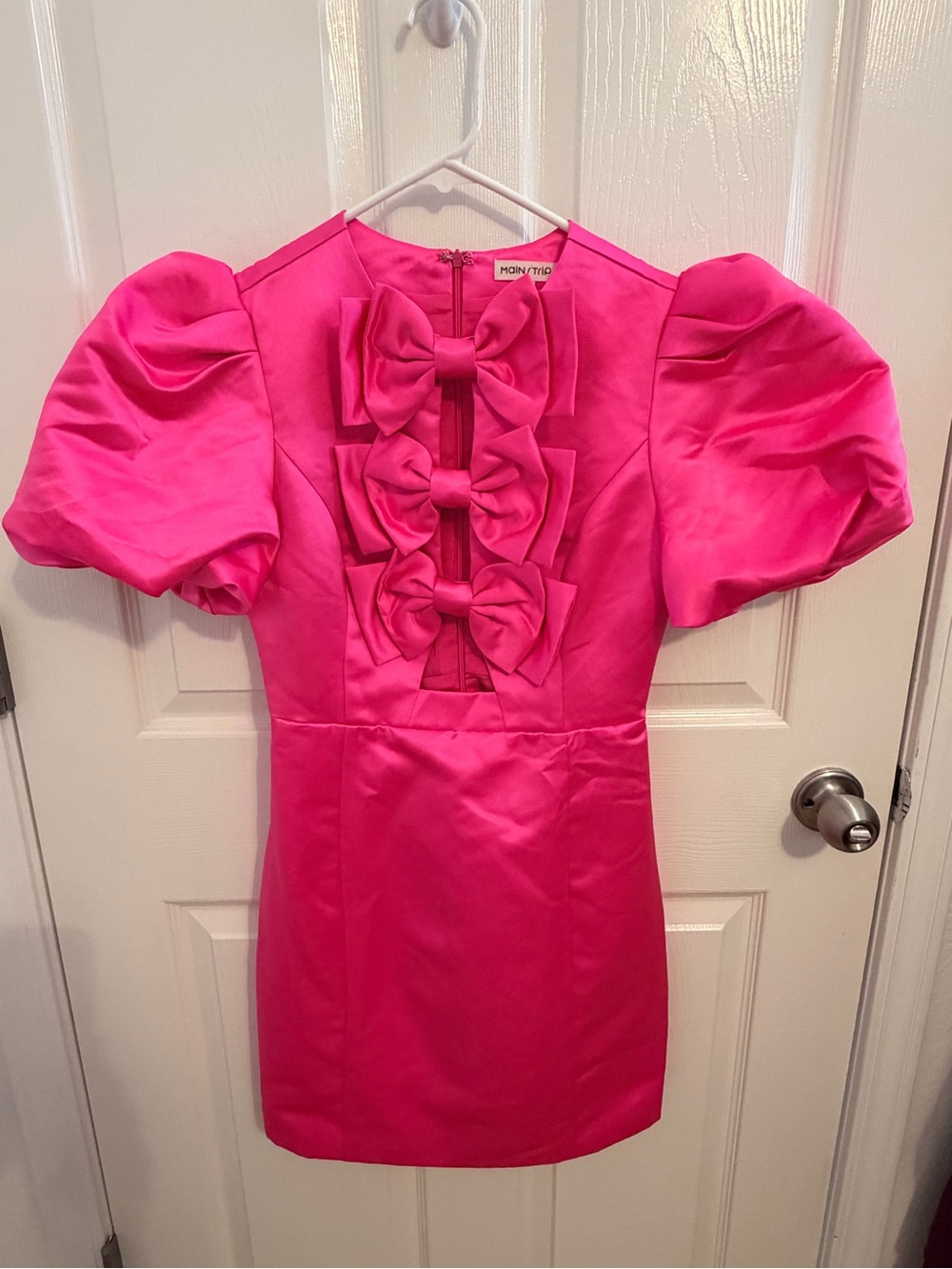 Pink Strip Hot Pink Bow-Front Puff Sleeve Dress
